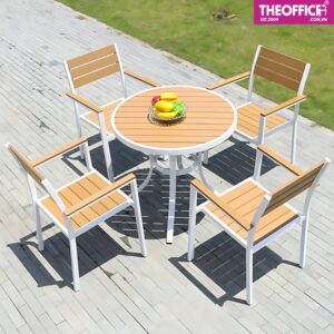 Bàn Tròn Khung Nhôm Mặt Polywood Giả Gỗ Mặt Kính TO-BN27
